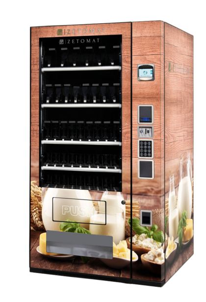 Wood-grain automated bottle vending machine with multiple shelves of bottles and a touchscreen control panel.